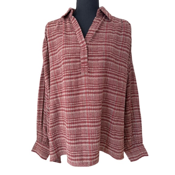 in loom Tops - In Loom Plaid Tunic Blouse Size S Mahogany Cotton Linen Boho Academia Lagenlook